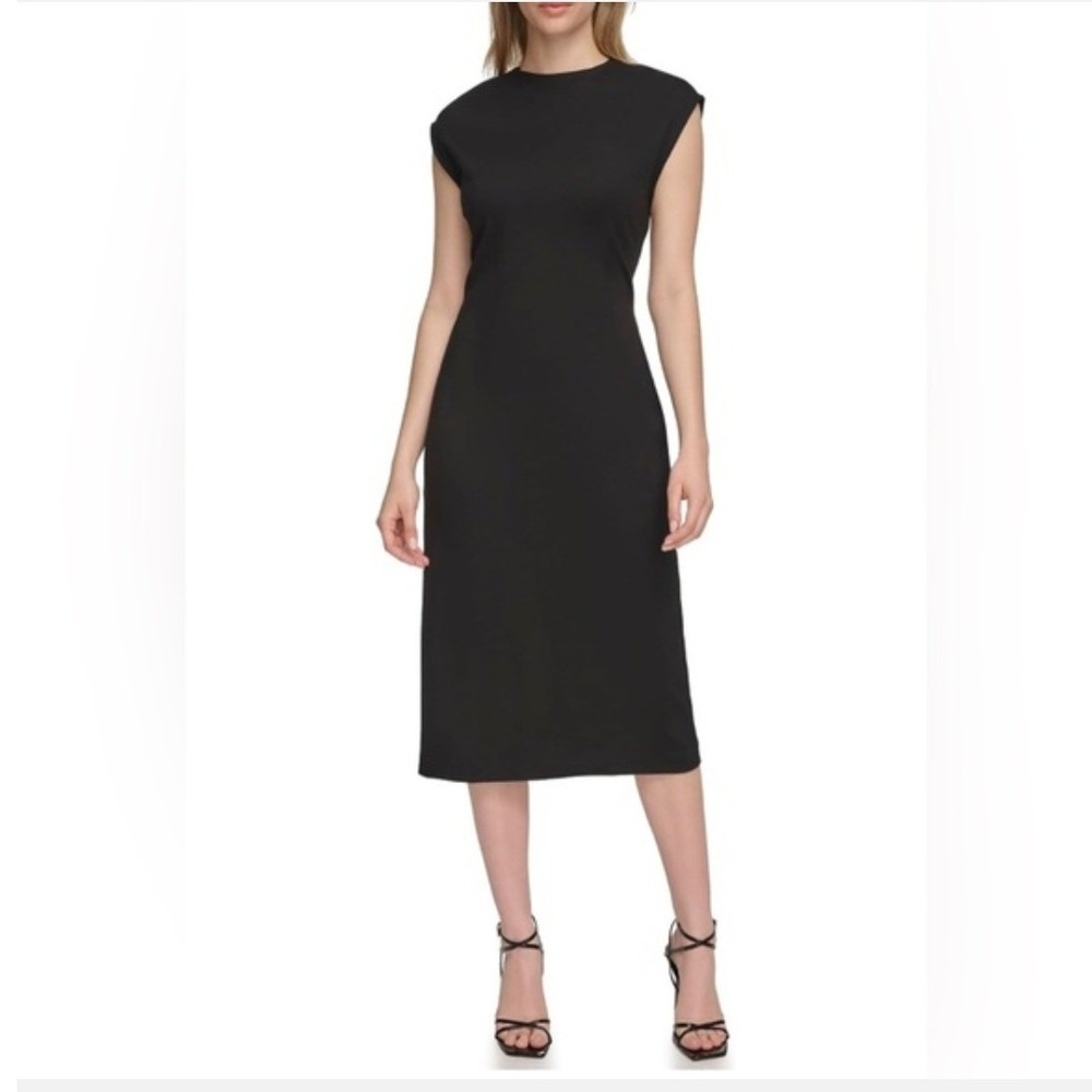 Calvin Klein Black Sheath Dress Cap Sleeve Midi Workwear sz 2